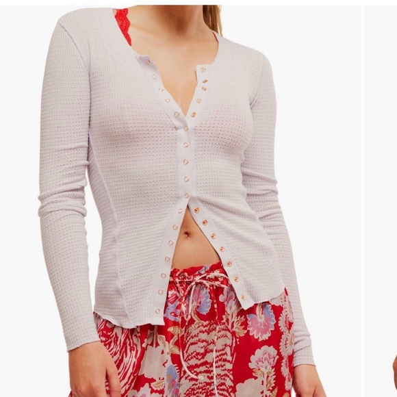 Free People White Long Sleeve Top with Red Accents - Picture 3 of 5